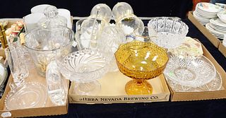 Four tray lots of glass to include compotes, brass and glass sconces, mackenzie childs pitcher, etc. Provenance: Estate of William and Teresa Patton, 