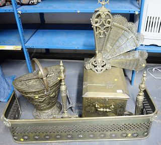 Brass fireplace equipment to include brass box, fender, andirons, fan, and coal hod. Provenance: The Estate of Ed Brenner, Short Hills N.J.
