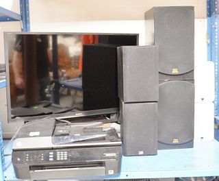 Stereo equipment group to include monitor audio speakers, psb speakers, sony t.v., A.D.S speakers, Sherwood amp 5-7 110A.