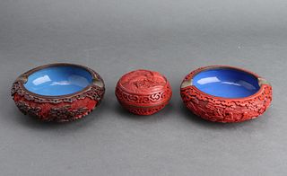 Chinese Carved Cinnabar Box & Ashtrays, 3