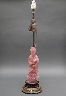 Chinese Rose Quartz Carved Figural Lamp
