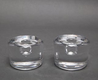 Judaica Signed Clear Glass Candle Holders, Pair