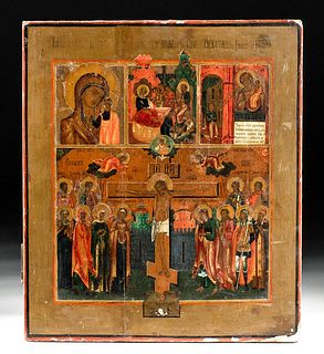19th C. Russian Icon w/ Crucifixion + Other Scenes
