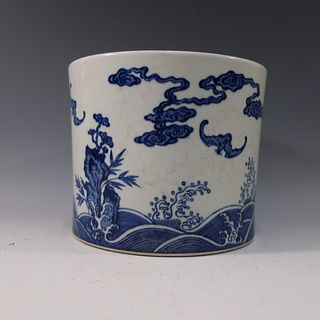 CHINESE ANTIQUE BLUE WHITE BRUSH POT BITONG - YONGZHENG MARK AND PERIOD