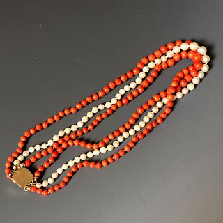 CHINESE RED CORAL AND PEAL NECKLACE