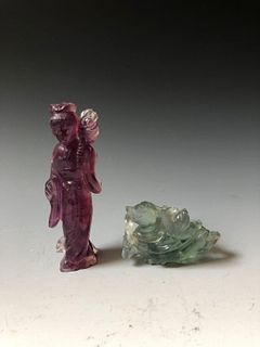TWO CHINESE  ANTIQUE AMETHYST AND TOURMALINE CARVED FIGURES