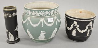 Three piece Wedgwood group to include black and white basalt planter and vase along with a large green and white planter, each with impressed Wedgwood