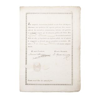 Codernin, Manuel. Diploma otorgado por "La Compañía Lancasteriana".  México a 8 de Enero de 1823. Firma.  "Con aprobaci...
