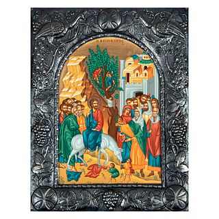 Ícono de la entrada triunfal de Jesús en Jerusalén. Grecia, siglo XX. Acrílico sobre tabla con falda de lámina repujada.