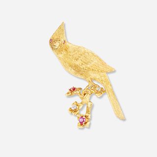 Gem-set and gold cardinal brooch