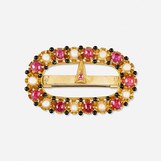 Ruby, cultured pearl, and gold buckle brooch