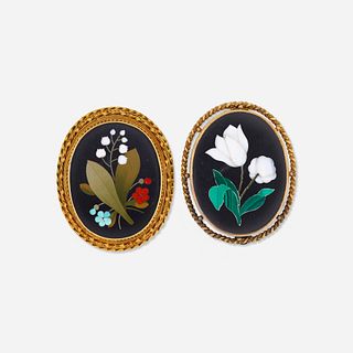 Two pietra dura brooches