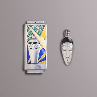 Etienne David, Two Art Deco enameled silver pendants