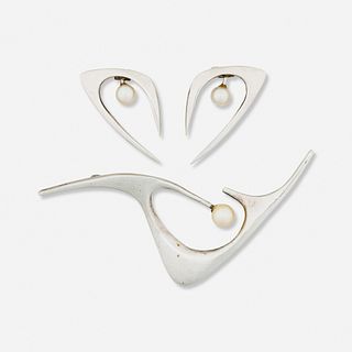 Ed Wiener, Silver and cultured pearl brooch and earrings