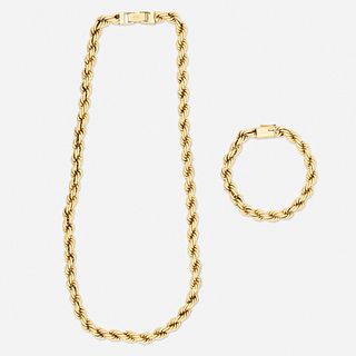 Gold rope chain necklace and bracelet