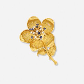 Diamond and sapphire flower brooch