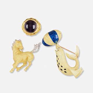 Two gold brooches and ring