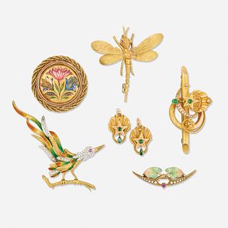 Group of gold brooches and earrings