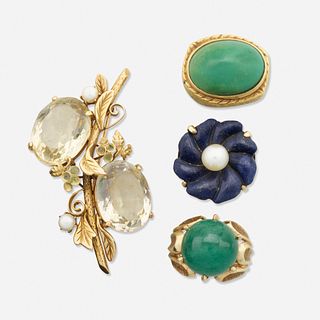 Three gem-set rings and a brooch