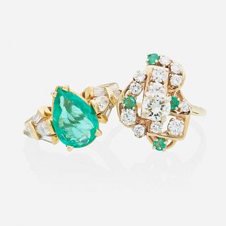 Two diamond and emerald rings
