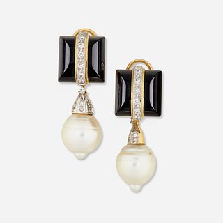 Cultured pearl and diamond ear pendants