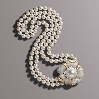 Double strand cultured pearl and diamond necklace