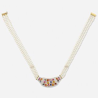 Multi-colored sapphire, diamond, and cultured pearl necklace