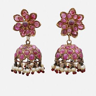 Ruby, seed pearl, and yellow gold fringe earrings