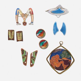 Group of Studio enamel jewelry including Virgil Cantini and John Bryan