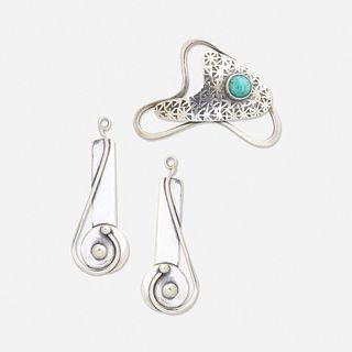 Paul Miller, Silver earrings and brooch with turquoise