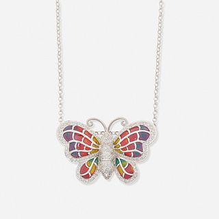 Diamond and enameled butterfly pendant necklace