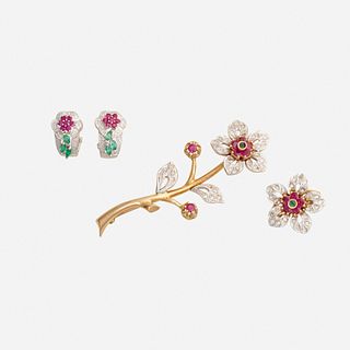 Group of diamond and gem-set floral jewelry
