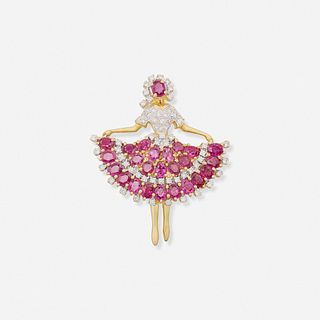 Synthetic ruby and diamond ballerina brooch