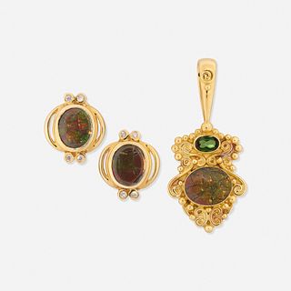 Suite of ammolite and yellow gold jewelry
