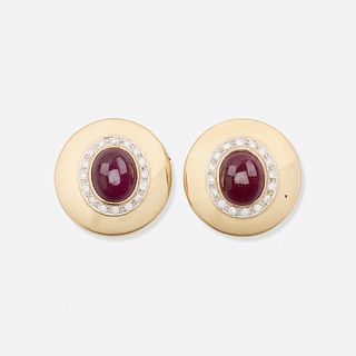Ruby, diamond, and yellow gold ear clips