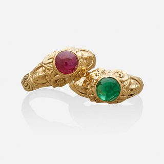 Cabochon emerald or ruby yellow gold rings