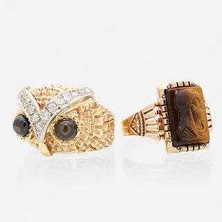 Men's owl ring and tiger's eye cameo ring