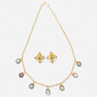 Cultured pearl necklace and gem-set earrings