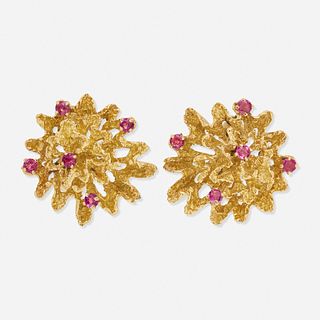 Freeform ruby and yellow gold earrings