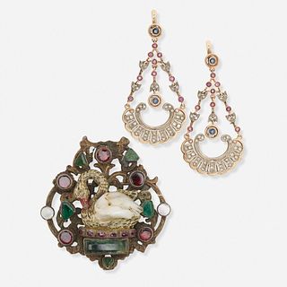 Austro-Hungarian Baroque pearl brooch and diamond earrings