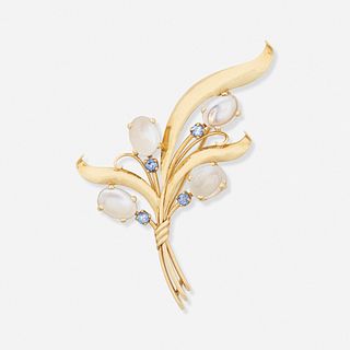 Moonstone, sapphire, and yellow gold foliate brooch