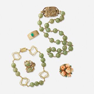 Group of beaded jade jewelry and two rings