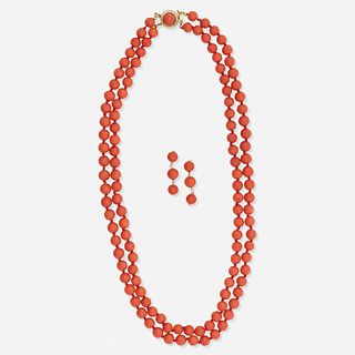 Coral bead necklace and earrings