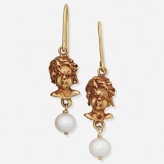 Yellow gold and cultured pearl putti drop earrings