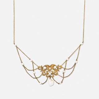 Art Nouveau pearl and yellow gold festoon necklace
