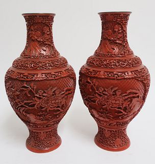 Pair of Carved Cinnabar Vases