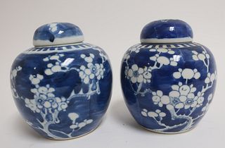 2 Small Blue & White Prunus Jars