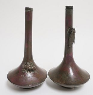 2 Japanese Insect Metal Vases, possibly Meiji