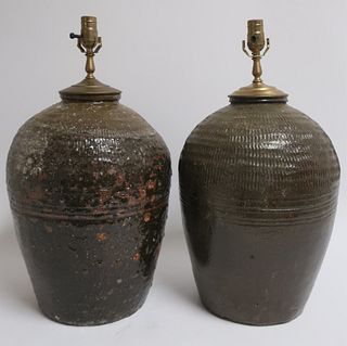 Pr of 19th C. Asian Wine Storage Jars as Lamps