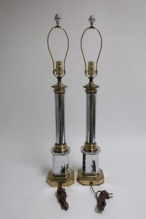 Pr. Modern Chrome and Brass Column Table Lamps